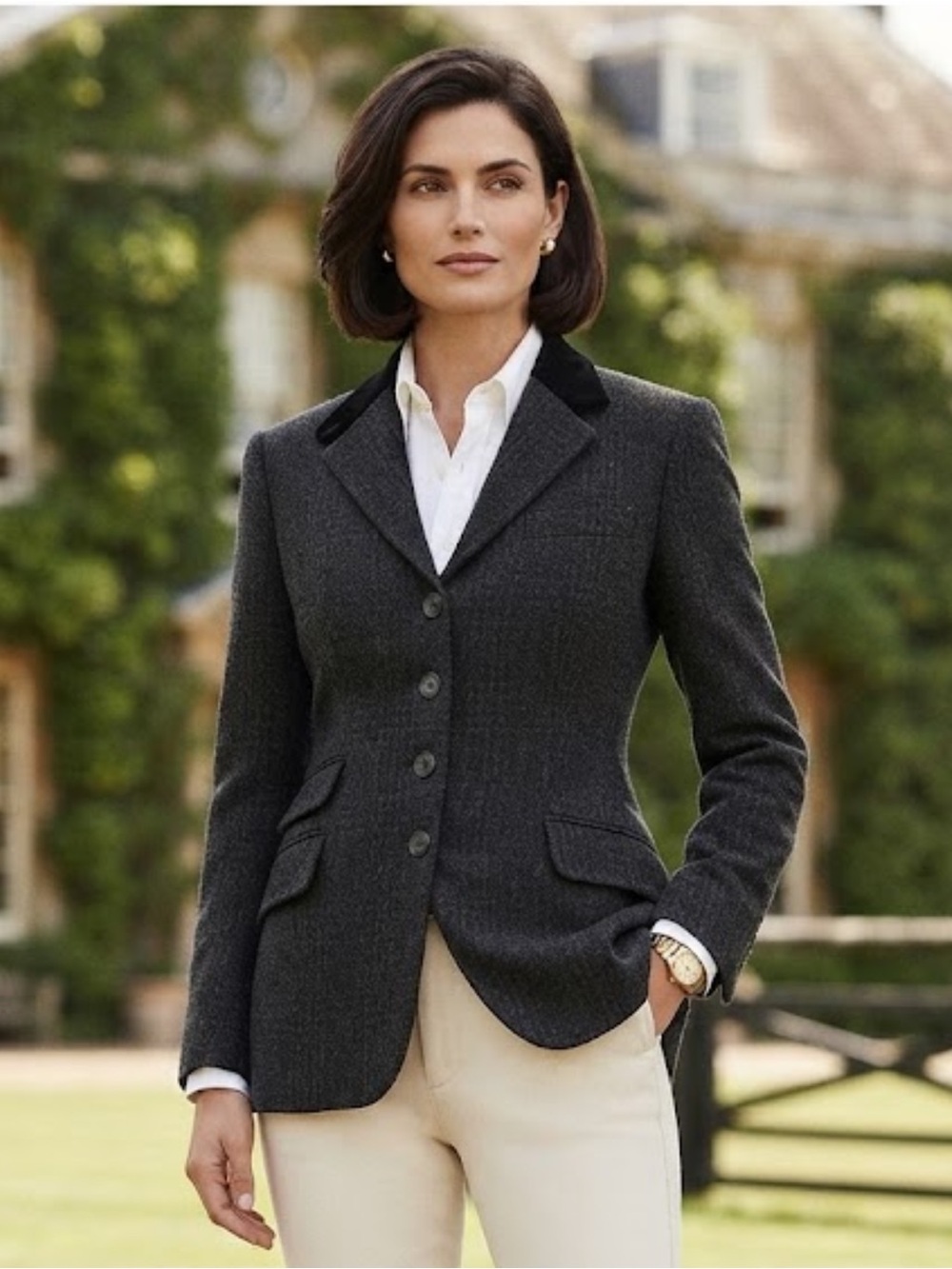 Lauren Ralph Lauren Dark Gray Wool Plaid Blazer Velvet Collar Button Neck